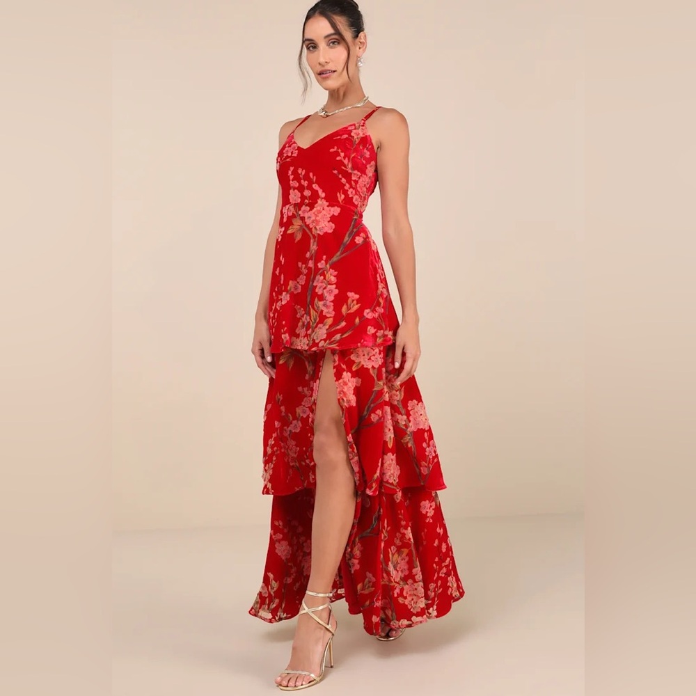 Lulus I Love You Amore Tiered Floral Velvet dress Gown size S burnout wedding